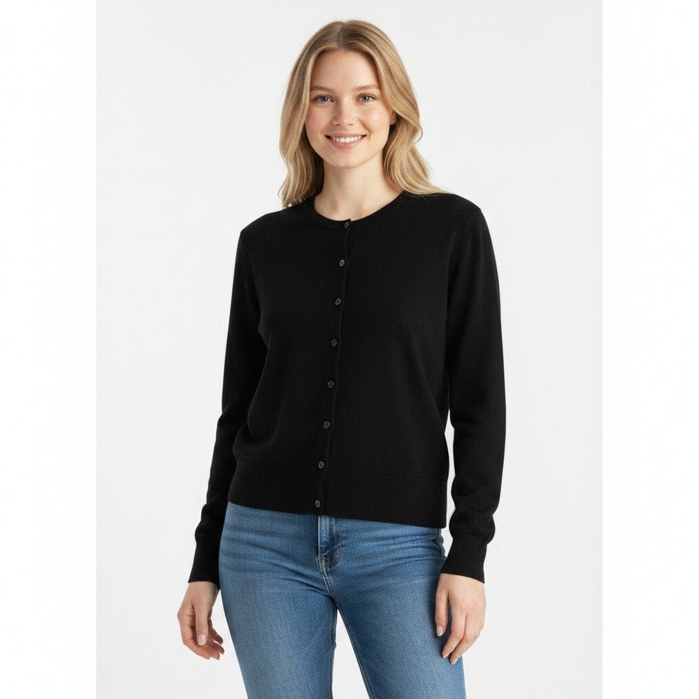 100% Cashmere 2 Ply Cardigan M Black Button Front Quiet Luxury Valerie Stevens
